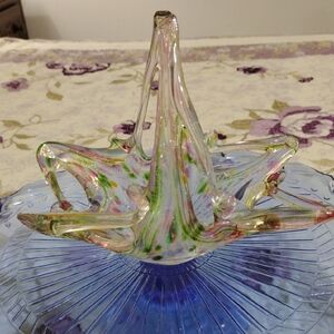 Murano Handblown Clear Glass Centerpiece with Pink, Green and Yellow Accents